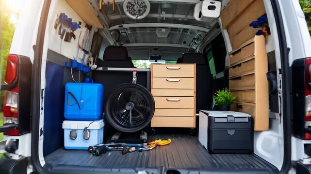 Organized interior of a white utility van with open back doors, featuring custom storage, tools, and a small plant.