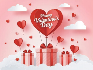Happy Valentine&rsquo;s Day greeting with heart-shaped balloons and gift boxes. Paper cut style.