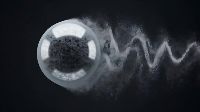 A dark metallic sphere with a reflective ring and symbolic interior leaves a dynamic white dust trail against a dark background, suggesting motion and impact.