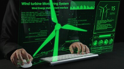 Showcase of a wind turbine monitoring system featuring a sleek digital interface, emphasizing green energy management and real-time data analysis for efficiency. Cipher