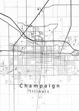 Minimalist white map of Champaign, Illinois &ndash; A modern map print highlighting infrastructure of the city, useful for tourism purposes
