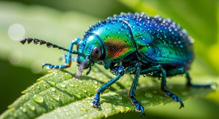 a close up of a blue beetle on a green leaf