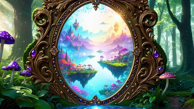 A golden, ornate mirror frames a fantastical landscape of floating islands and a lush forest