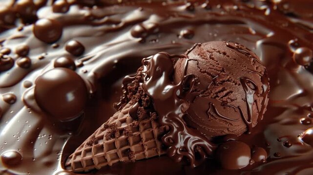A chocolate ice cream cone in a thick pool of chocolate, topped with a dollop of whipped cream.