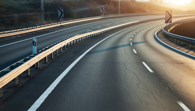 Asphalt highway curve with multi lane road markings, dynamic perspective under bright daylight, representing transportation, traffic flow, speed, and modern road infrastructure.