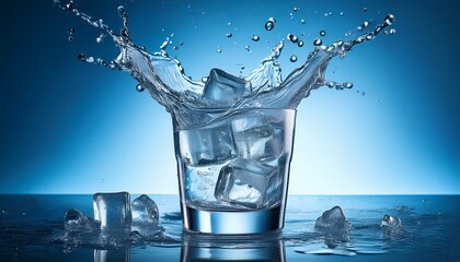 a refreshing glass filled with ice cubes and water with droplets splashing the icy drink is cold and crisp