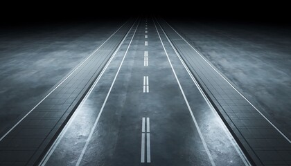 Minimalist empty asphalt road seen from top down view, smooth surface texture and clean geometric composition, suitable for infrastructure, transportation, abstract background, and design concepts.