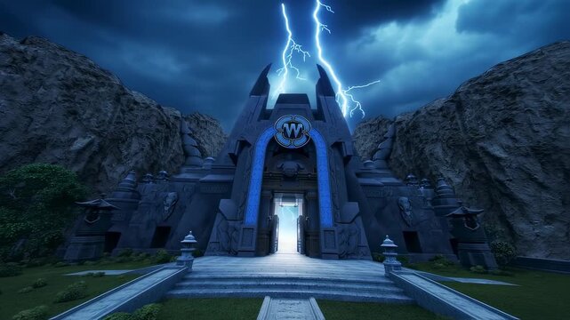 A fortress with a glowing archway, struck by lightning against a mountainous backdrop