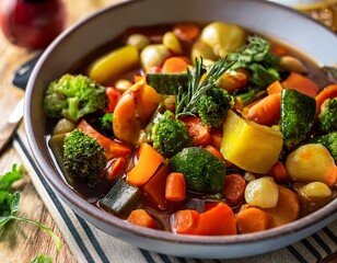 vibrant medley of summer vegetables stewed in herbs closeup home cooking