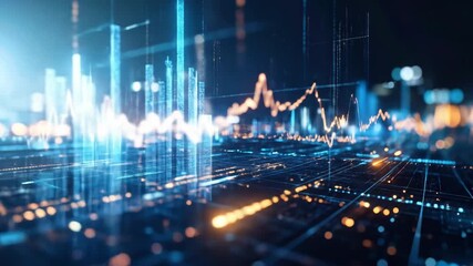 Abstract digital display with glowing lines and bar graphs representing data analysis and technological advancement - Powered by Adobe