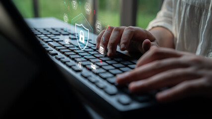 Cybersecurity protection secures network, prevents threats, and strengthens digital data security...