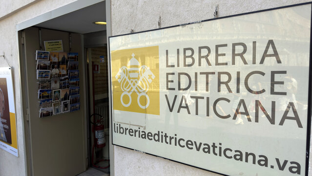 Libreria Editrice Vaticana Entrance with Official Sign and Postcards in Vatican City