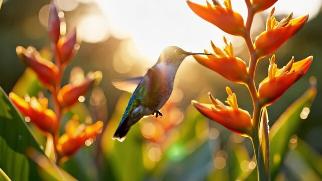 A hummingbird flits delicately near vibrant orange flowers, feeding as sunlight gently illuminates the scene. This hummingbird hovers gracefully among the blooming flowers, showcasing nature's beauty.