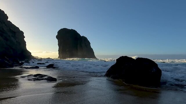 Monolith of Roque del Moro in the volcanic coast line of Cofete, in the Atlantic island of Fuerteventura, Spain. 
