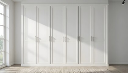 Modern spacious white closet with large window and wooden floor