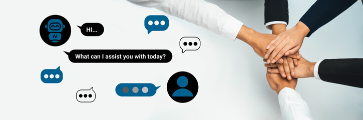 Teamwork and communication are showcased through diverse hands collaborating, with dialogue bubbles presenting a chatbot assistance in a contemporary workspace. Gantry