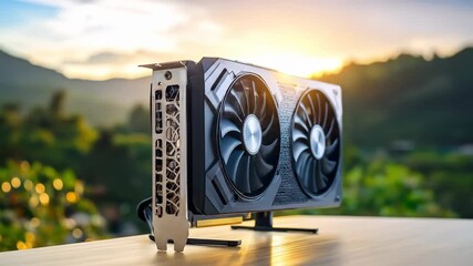Modern computer graphics processing unit with dual cooling fans displayed outdoors during a vibrant sunset or sunrise. - Powered by Adobe