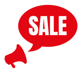 Red promotion badge with megaphone and speech bubble displaying the word &ldquo;SALE&rdquo;. Isolated vector illustration. 
