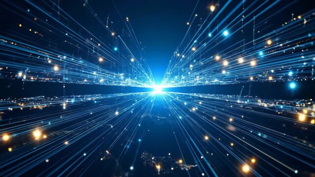 A dynamic abstract blue light tunnel with glowing particles representing fast data flow and digital connectivity in a futuristic technological landscape.