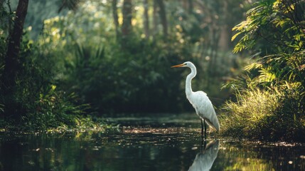 Elegant Great Egret in a serene waterscape amidst lush forest foliage