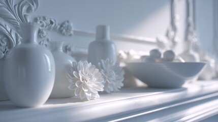 Elegant monochromatic still life of floral arrangement and ceramic vessels