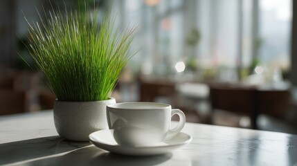 A serene morning scene: coffee cup and greenery on marble tabletop in cafe