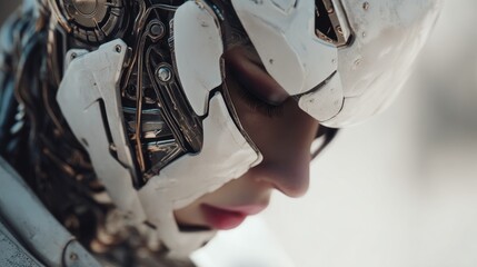 A futuristic humanoid robot gazes down, embodying technological integration