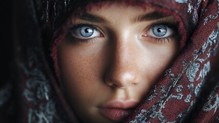 Intense gaze of a woman wrapped in patterned fabric, captivating portrait
