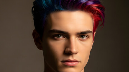 Portrait of a stylish young man with vibrant red, purple, and blue hair. Ideal for youth fashion, beauty, or lifestyle content. Young man vibrant red purple blue dyed hair trendy stylish youth fashion