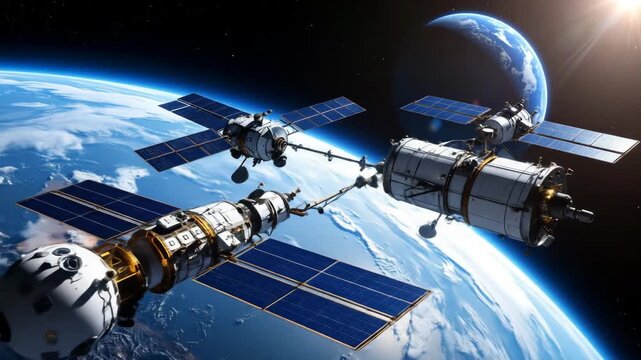 Advanced space station with multiple modules and solar panels orbiting a vibrant blue planet, bathed in sunlight.