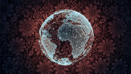 Digital Earth Globe Network, Global Connectivity Illustration, Technology Abstract Background, Interconnected World Data Flow, Floral Pattern.