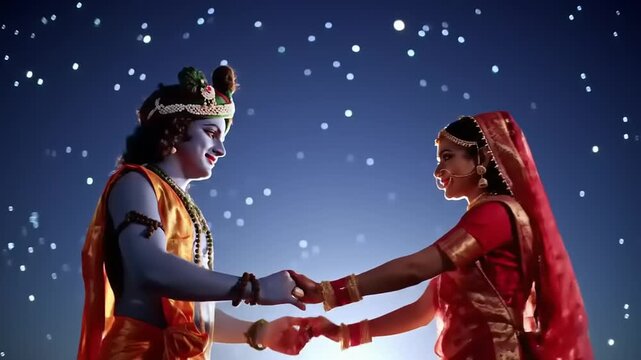 Lord Krishna and Radha dancing in the night sky with stars
