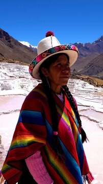 Indigenous Woman Walking at the Salt Mines of Maras, Peru