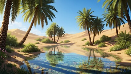 Breathtaking Desert Oasis Landscape with Palm Trees, Crystal Water, Sand Dunes. A serene, vital natural spring under a vast blue sky.