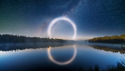 cosmic ring over misty lake at night