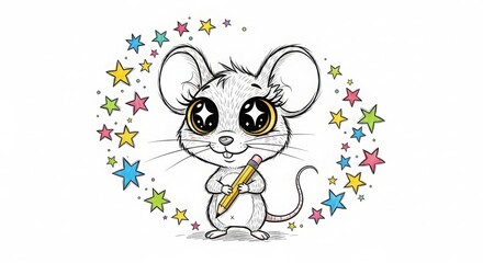 Obraz premium Cute Animated Mouse Holding Yellow Pencil with Colorful Stars on White
