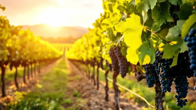 Beautiful rows of grapevines with ripe dark grapes bathed in the warm golden light of a sunset or sunrise.