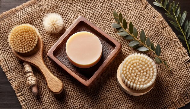 wooden soap dish natural soap body brush on burlap top view