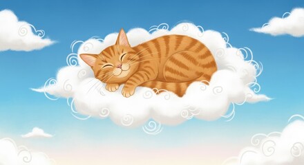 Sleeping Striped Cat on Fluffy White Cloud Against Blue Sky Cartoon Illustration