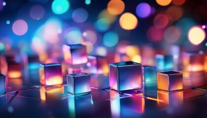floating iridescent cubes in a vibrant bokeh background