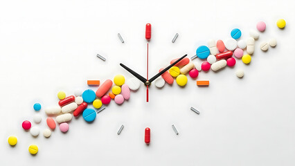 Medicine Clock with Pills on White Background