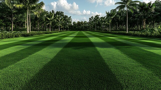 Serene Green Grass Field with Tropical Tree Shadows