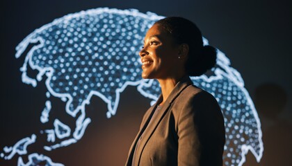 Professional businesswoman in elegant blazer positioned before digital world map projection. Warm lighting creates confident mood perfect for corporate, leadership, and innovation campaigns