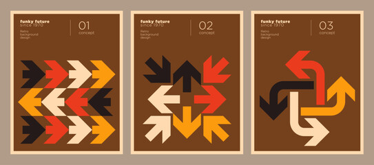 Brochure cover set in a retro style with arrows as a main motif. Vector illustration.