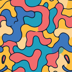 Seamless abstract patterns with bold colors and playful smiley faces. Groovy shapes, retro vibes, and trippy doodles create vibrant, happy, and eye-catching backgrounds.