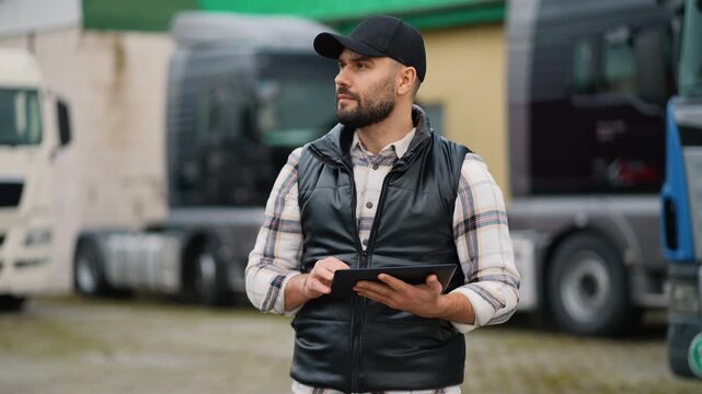 Truck driver managing fleet logistics using tablet
