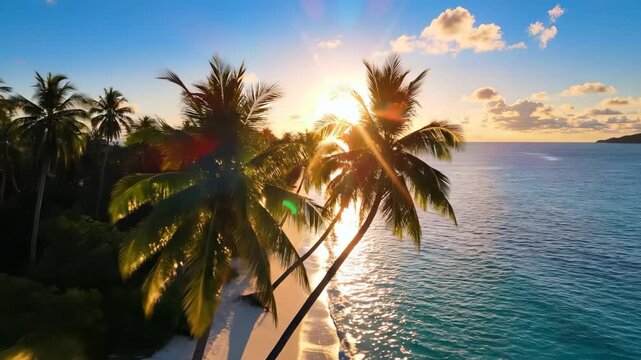 Golden sunlight illuminates palm trees on a tranquil beach, casting reflections on the water. The palm trees and sunlight enhance the peaceful atmosphere by the ocean.