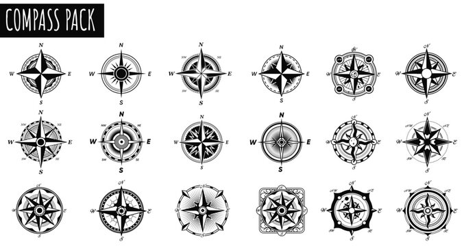 Compass Collection: A collection of various compass designs, symbolizing guidance and exploration, arranged on a neutral backdrop, ready for navigation-themed projects.
