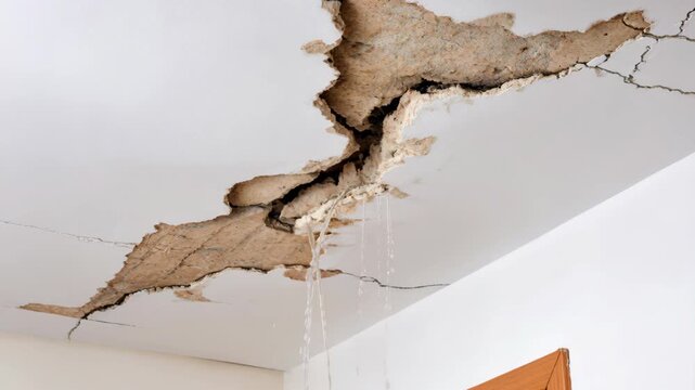A close-up shot of a severely damaged ceiling with water dripping through a large crack.