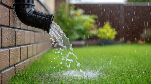 Water flows out of a drainpipe onto a green lawn during a rain shower, creating splashes.